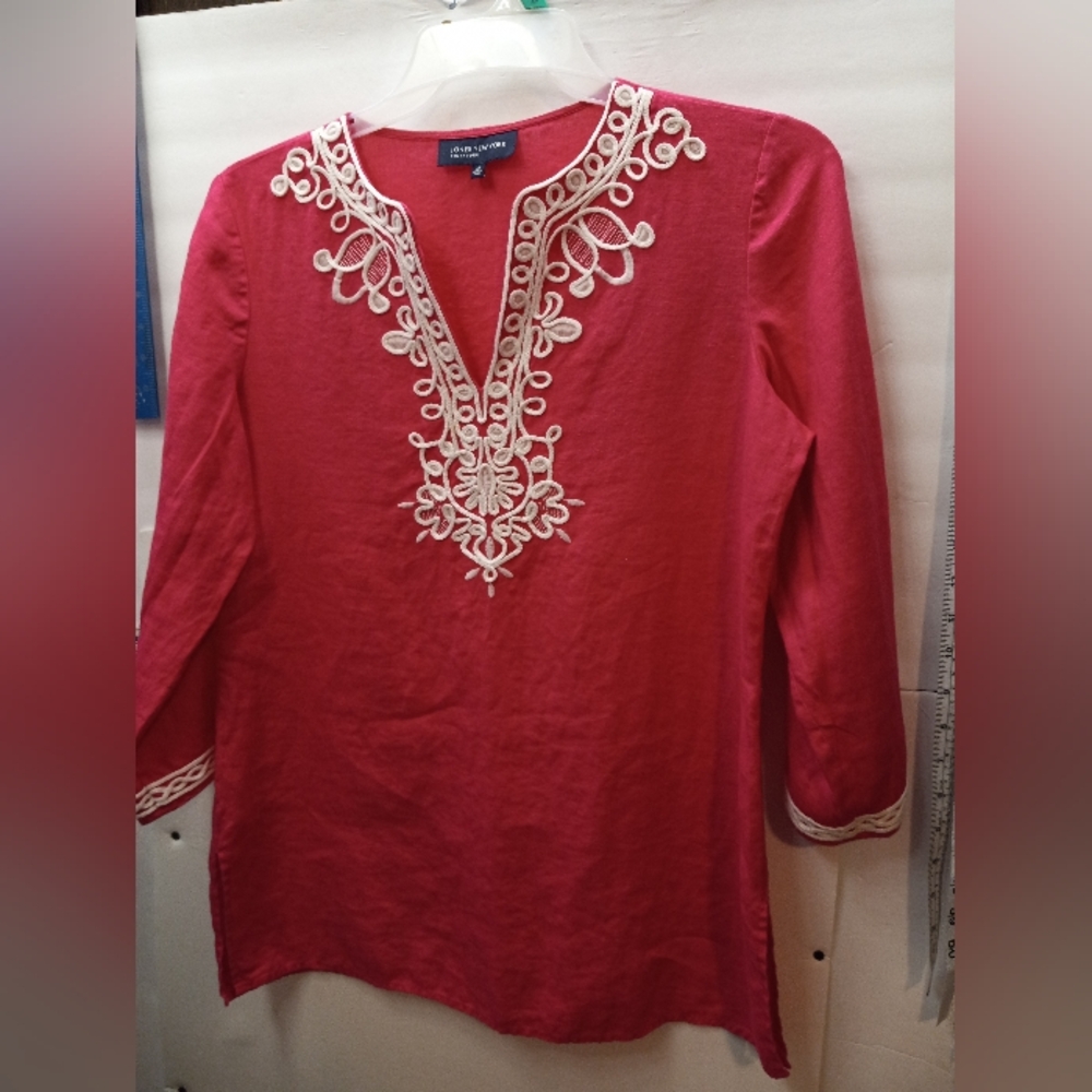 Jones NY Signature Embroidered 100% Linen Artsy Tunic Lagenlook Top Boho Blouse